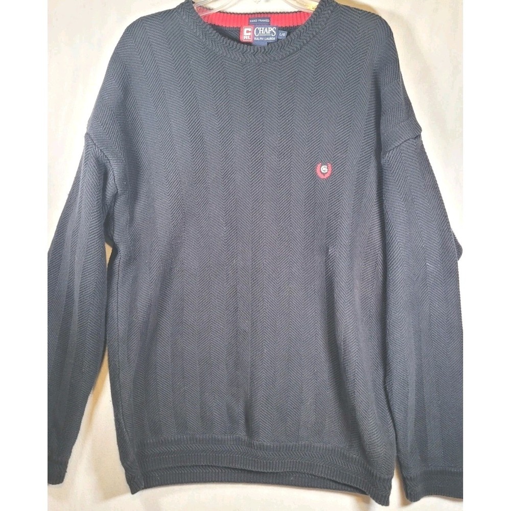 Vtg Mens CHAPS by RALPH LAUREN Black Ribbed Cotton Knitted Jumper Sweater Size L